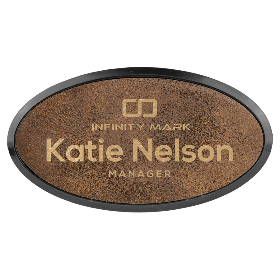 1-1/2&quot; x 3&quot; Oval Leatherette Name Badge with Plastic Frame and Pinback